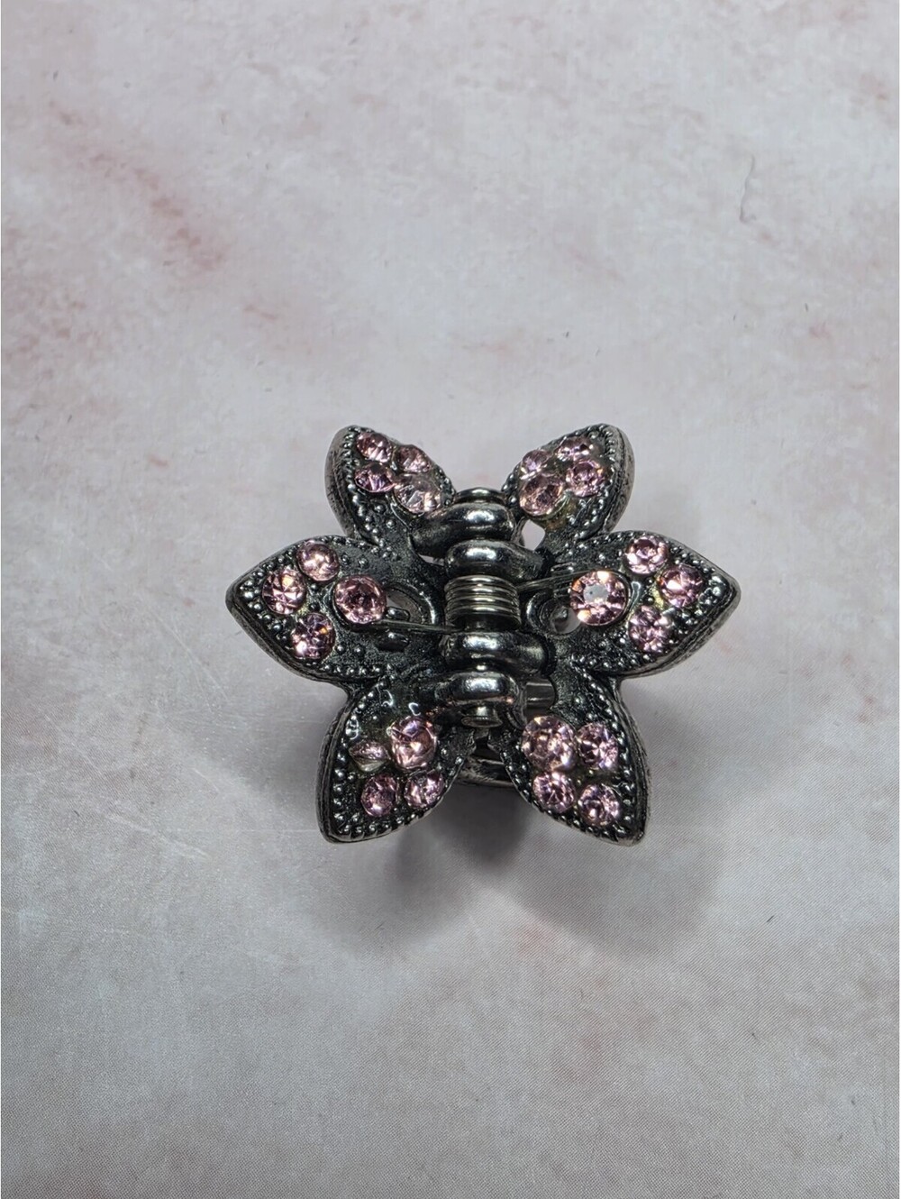 Vintage Metal Flower Hair Claw Clip Pink Rhinestone Crystal Mini Jaw Clamp